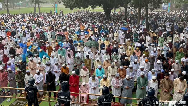 শোলাকিয়ায় বৃষ্টিতে ভিজে ঈদের নামাজ আদায় মুসল্লিদের