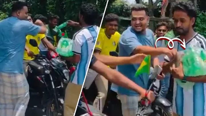 ব্রাজিল–ভক্তদের র‍্যালিতে আর্জেন্টিনার সমর্থকদের 7up বিতরণ