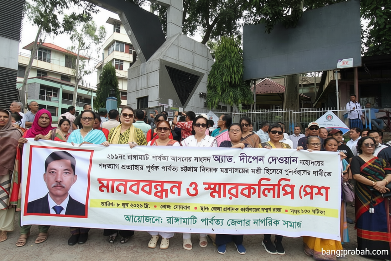 দীপেন দেওয়ানকে ফের মন্ত্রী করার দাবিতে মানববন্ধন, প্রধানমন্ত্রী বরাবর স্মারকলিপি