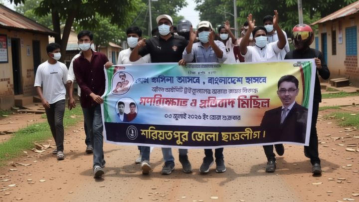 মাস্ক ও হেলমেট পরে শরীয়তপুরে সড়কে ছাত্রলীগের মিছিল